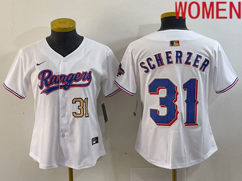 Women Texas Rangers #31 Scherzer White Champion Game Nike 2024 MLB Jersey style 3
